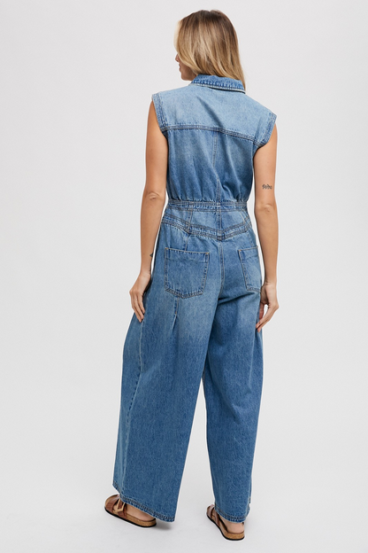 Light Wash Denim Sleeveless Jumpsuit