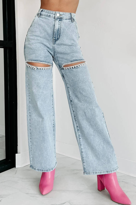 Wide Leg Rhinestone Cutout High Waist Denim Pant