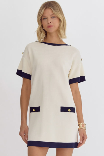 High Neck Short Sleeve Button Dress