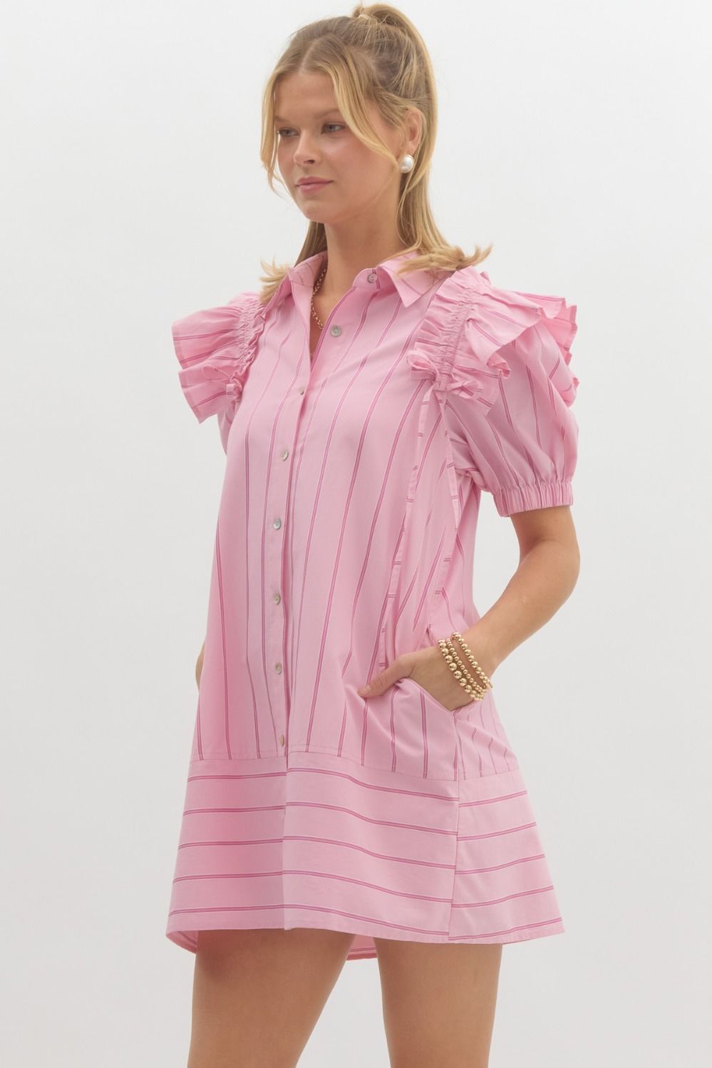 Stripe Ruffle Sleeve Button Down Dress