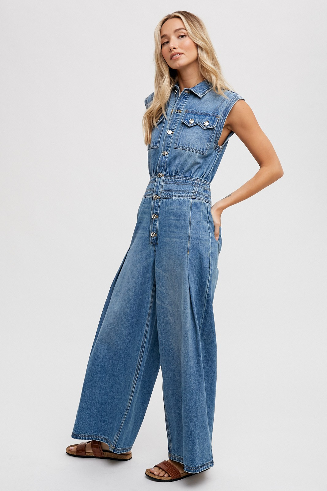 Light Wash Denim Sleeveless Jumpsuit